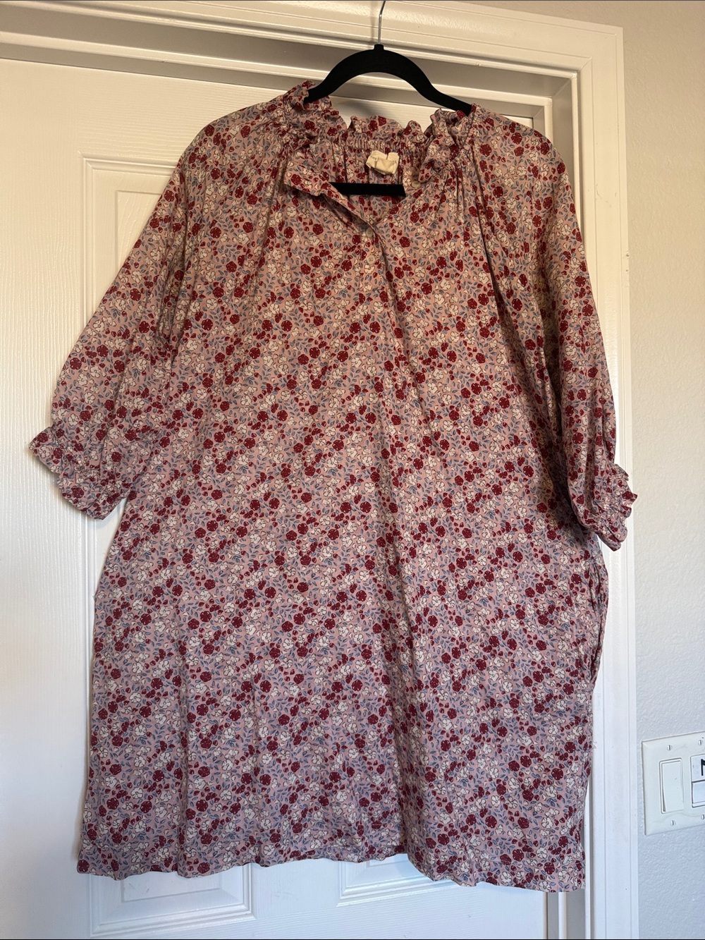 Women’s Floral Ruffle Neck Tunic Dress in Pink with Burgundy and Cream Flowers